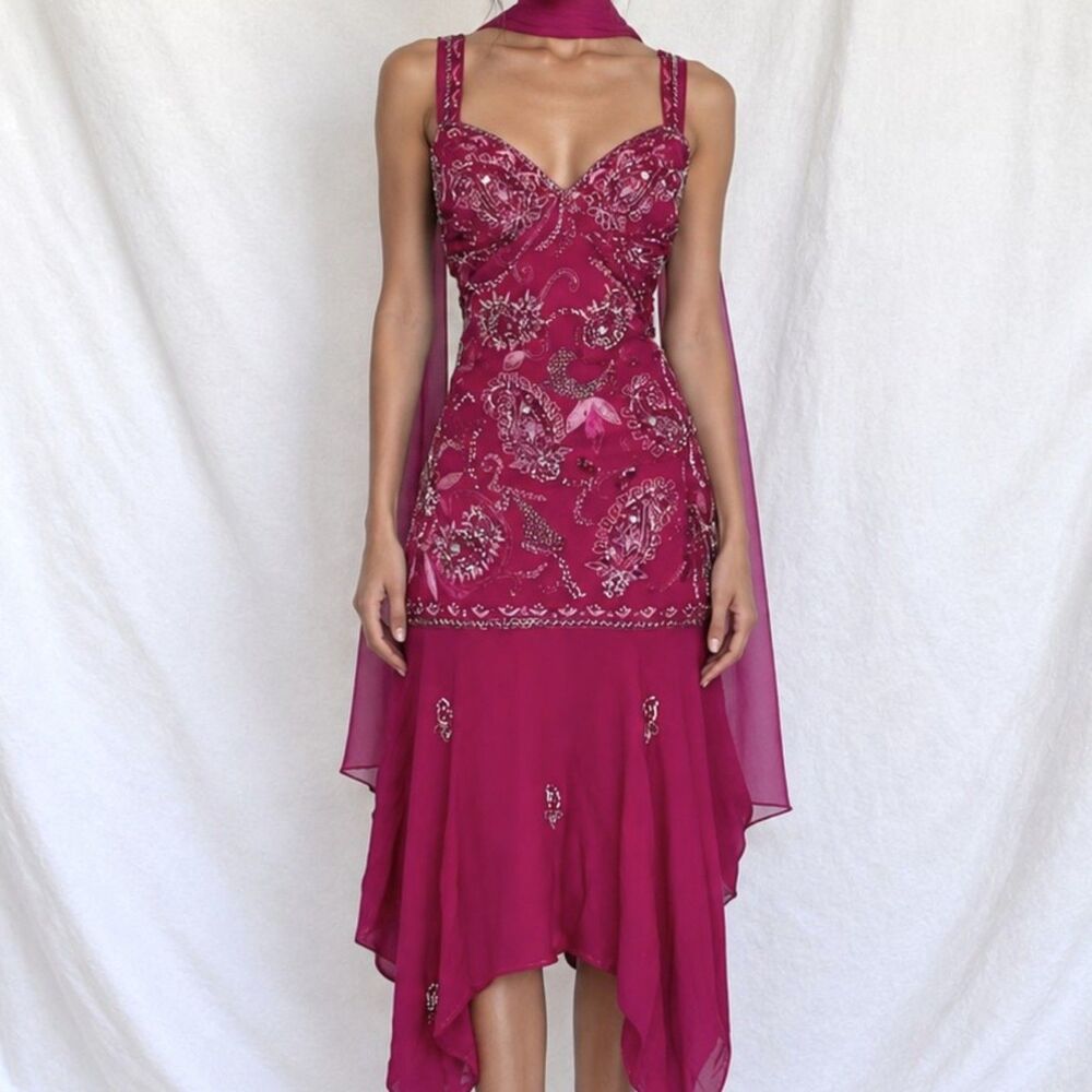 Vintage Y2K 90s Pink Floral Beaded Midi Babydoll Bodycon Cocktail Dress Size L